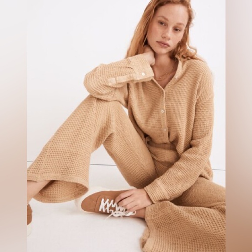 DONNI. Waffle Roll Pants in Lychee Cozy Tan Knit Wide-Leg Pants - Picture 3 of 8